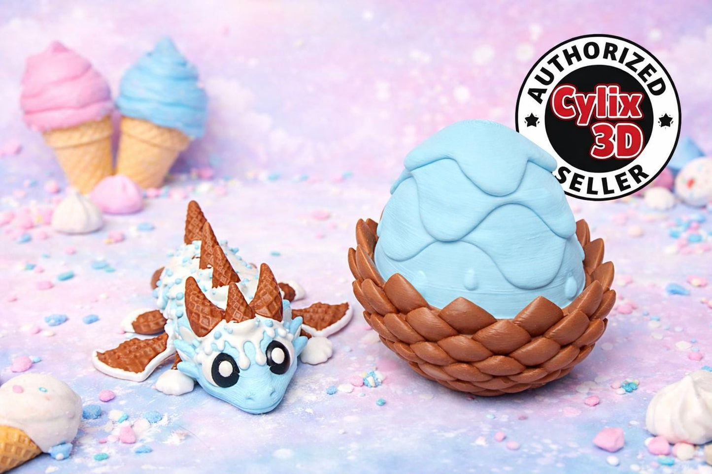 Cotton Candy Ice Cream Dragon and Egg 3D Printed Fantasy Desk Figurine